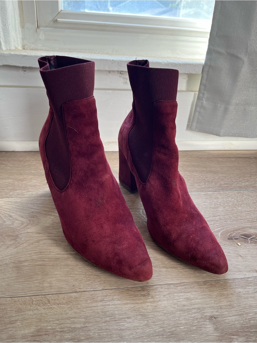Steve Madden Burgundy Suede Pointed Ankle Booties with Block Heel